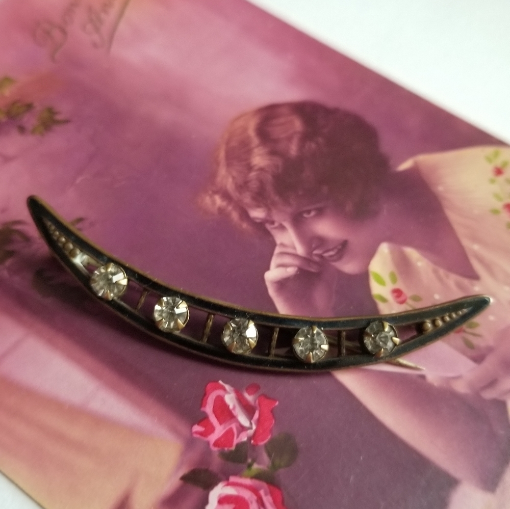 Relisted - Antique crescent moon brooch black enamel pin victorian vintage - Picture 3 of 12